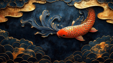 Koi fish with clouds and sky background. Computer generated illustration.の素材