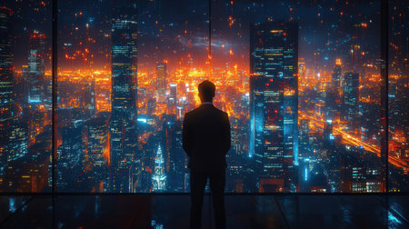 Businessman looking at night city from the window of a skyscraperの素材