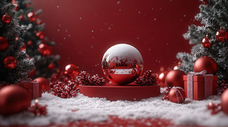 3d render of christmas background with red baubles.の素材