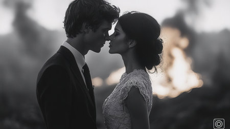 Beautiful bride and groom kissing in the mountains. Black and white photo.の素材