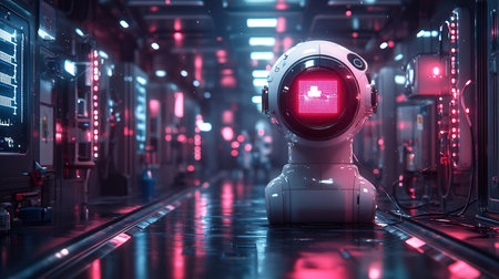 Robot in futuristic server room. Future technology concept. 3D Renderingの素材