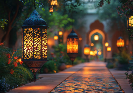 Arabic lanterns in the garden. Selective focus with shallow depth of field.の素材