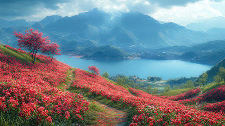 Mountain landscape with red flowers and lake in the morning, Taiwanの素材