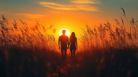 Silhouette of young couple walking in meadow at sunset.の素材