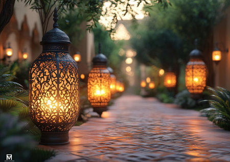 Lanterns in the garden. Ramadan Kareem greeting card.の素材
