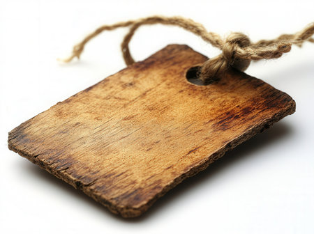 Wooden tag with rope on a white background. Close up.の素材