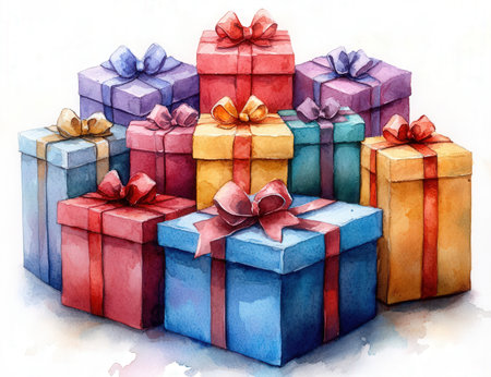 Watercolor illustration of colorful gift boxes with ribbons and bows.の素材