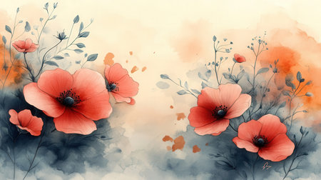 Watercolor floral background with poppies. Hand drawn illustration.の素材