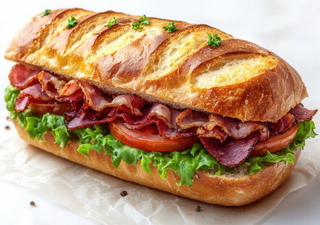 Baguette sandwich with bacon, lettuce, tomato and cheese.の素材