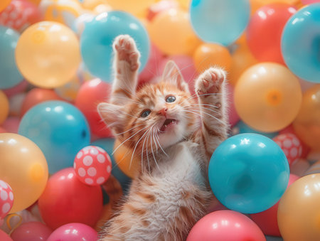 Cute little ginger kitten playing with colorful balloons, close up.の素材