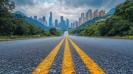 Asphalt road with city skyline background in Shenzhen,China.の素材
