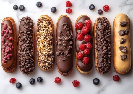 Chocolate eclairs with raspberries and blueberries backgroundの素材