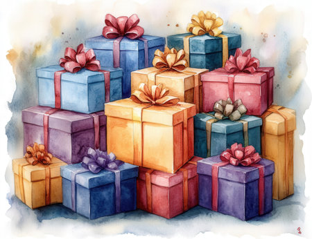 Hand drawn watercolor illustration of colorful gift boxes with bows and ribbonsの素材
