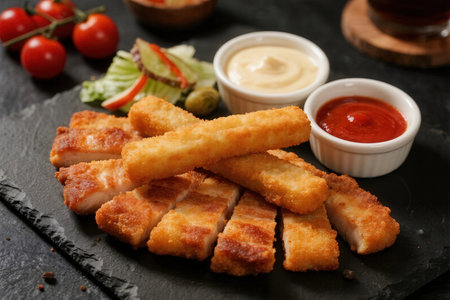 chicken nuggets with sauce on a stone board. horizontal photoの素材
