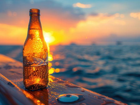 Bottle of beer on the background of the sea and sunset.の素材