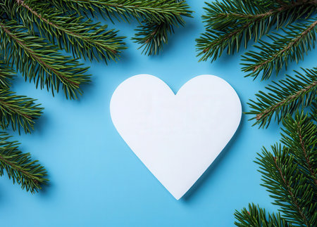 Christmas greeting card with fir tree branches and white heart on blue backgroundの素材
