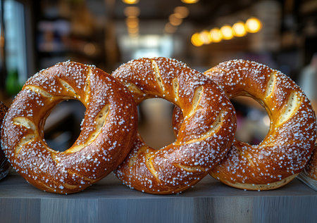 Bavarian pretzels on the counter of a bakery.の素材