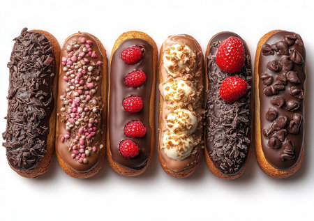 Chocolate eclairs with raspberries and strawberries on white backgroundの素材