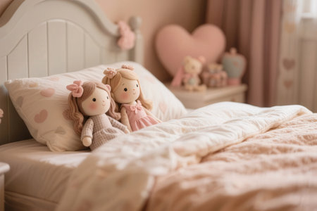 Lovely couple doll sitting on bed in bedroom. Valentine's day conceptの素材