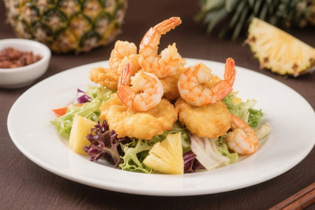 Fried shrimp with pineapple and salad on white plate, Thai foodの素材