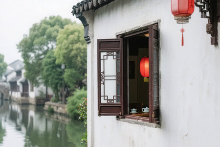 Chinese traditional style wooden window with red lanterns in the old townの素材