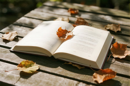 Open book with autumn leaves on a wooden table in the garden.の素材