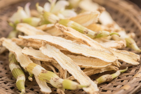 Dried lemongrass in a basket on wooden background.の素材