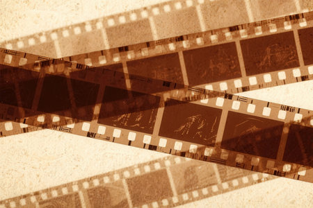 Old film strip on grunge background. Sepia toned.の素材