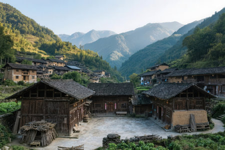 Village in the Himalayas, Annapurna Conservation Area, Nepalの素材