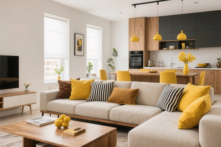 Modern living room interior with sofa, coffee table and yellow pillowsの素材