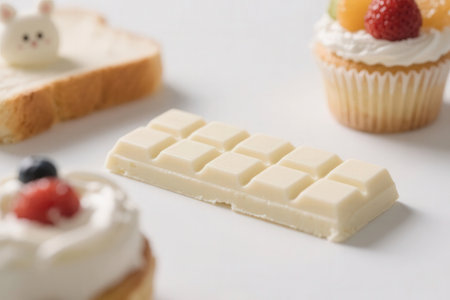 Cupcakes with white chocolate on white table, closeup viewの素材