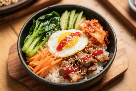 Bibimbap - Korean rice bowl with pork and fried eggの素材