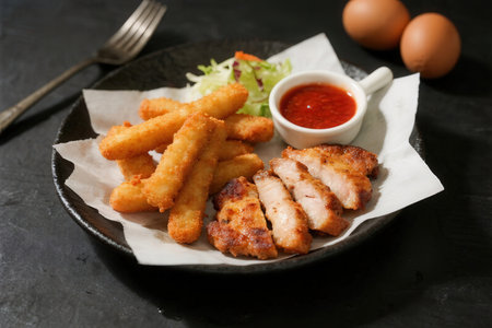 Fried pork cutlets with ketchup and salad on black backgroundの素材