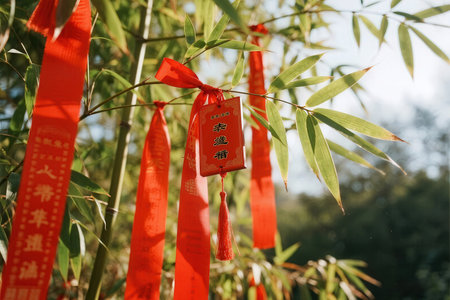Bamboo garland with red ribbons in the park, closeupの素材