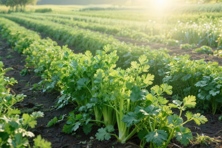 Celery growing in a field in the morning light. Growing organic vegetables.の素材