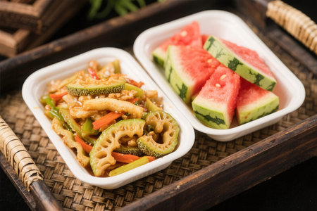 Stir-fried sweet and sour pork with watermelon on wooden trayの素材