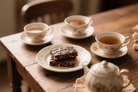 Two cups of tea and chocolate cake on a wooden table. Selective focusの素材