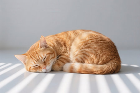 Sleeping ginger cat on white background. Shallow depth of fieldの素材