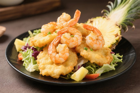 Fried Shrimp with Pineapple and Salad on black plate.の素材