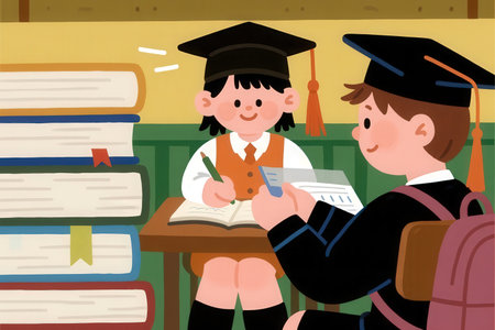 Illustration of a Graduation Student Boy and Girl Reading a Bookの素材