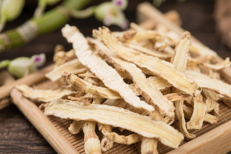 Dried Ginger (detailed close-up shot) on wooden backgroundの素材