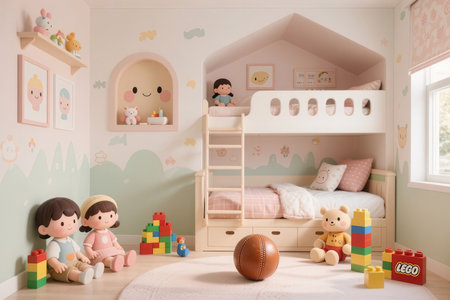 Interior of children's room with crib and toys. Interior designの素材