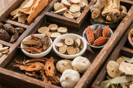 Assortment of dried herbs and spices in wooden box, closeupの素材