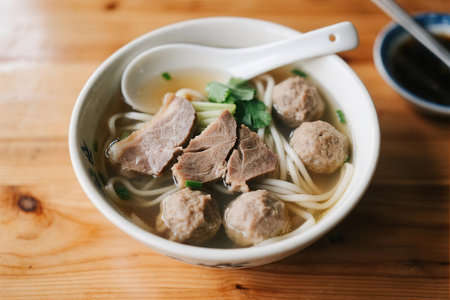 Vietnamese noodle soup with pork meatballs on wooden tableの素材