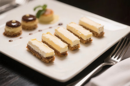 Cream cheese cake on white plate with fork and spoon on wooden tableの素材