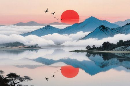 Sunrise over Mt. Fuji with reflection in the lake, Japanの素材