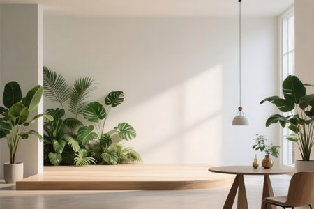 Wooden table in modern living room interior with tropical plants. 3D Renderingの素材