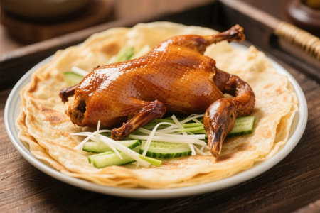 Baked chicken with cucumber and onion on a white plate.の素材