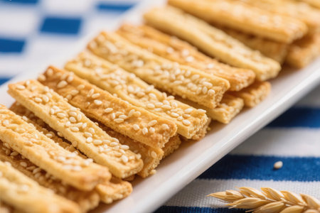 Sesame crackers with sesame seeds on white plate, closeupの素材