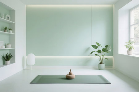 Interior of a living room with a green wall and a yoga matの素材